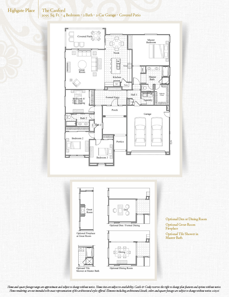 Floor plan for The Canford home at Highgate Place, featuring 4 bedrooms, 2 bathrooms, a 2-car garage, and options for a den, fireplace, and upgraded master shower.