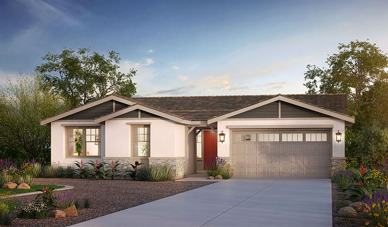 A single-story suburban house with a red front door, a two-car garage, and desert-style landscaping.